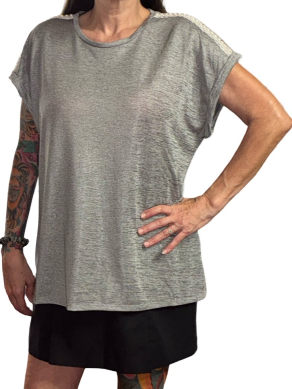 Sz.1X*Como Black*Gray Shimmery Blouse Tunic w/ Pearls at the Shoulder